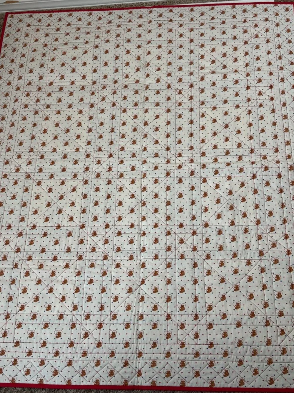 Handmade Quilted Throw Teddy Bear Heart Valentine Squares Cornerstones Nursery